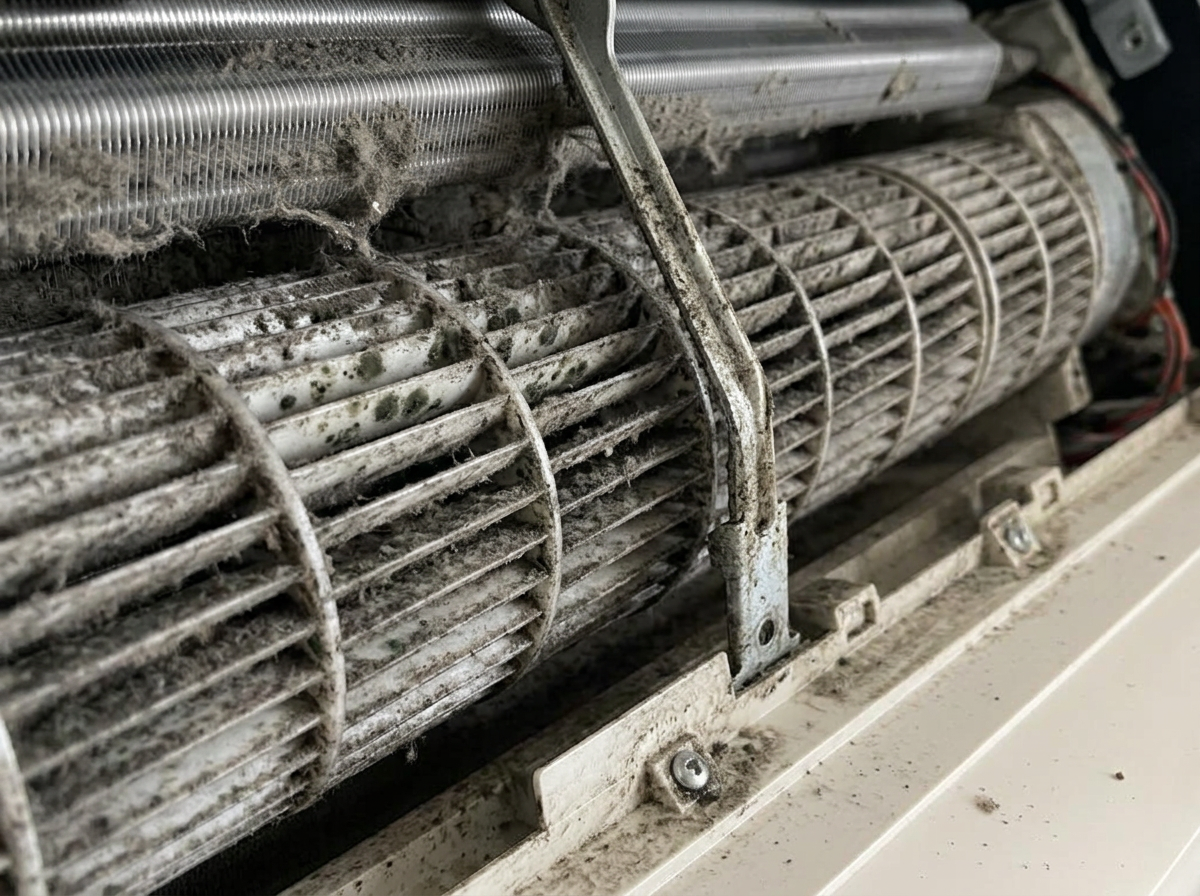 Air conditioner blower wheel clogged with grey dust before cleaning