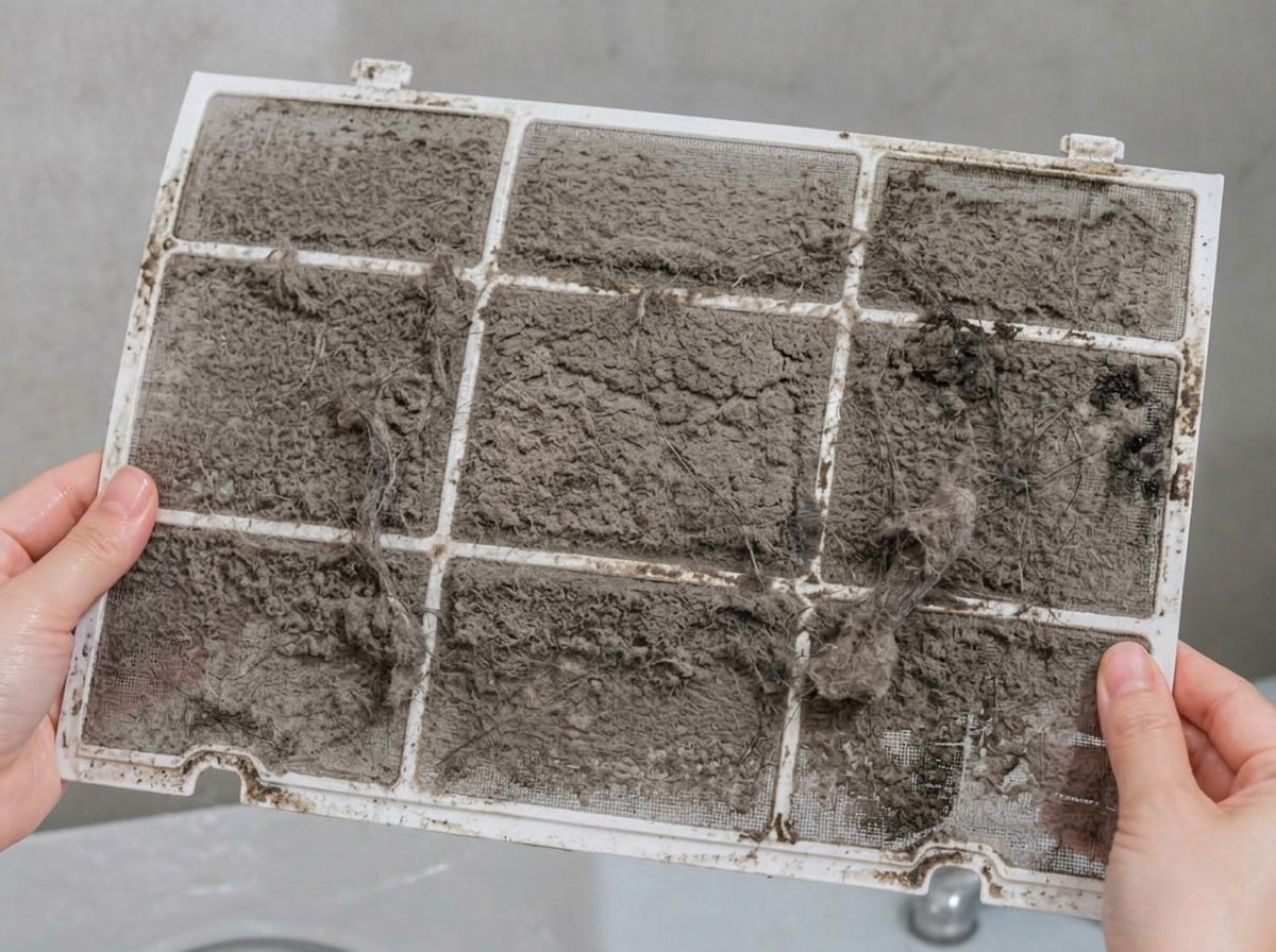 Air conditioner filter covered in thick dust before cleaning